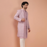 Men Pink Printed Kurta Indowestern Sherwani Trouser Set